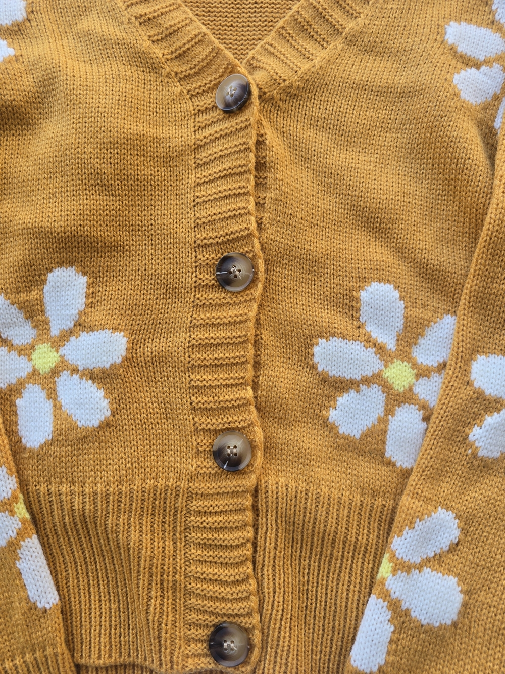 Mustard Floral V-Neck Button Cardigan Sweater - Picture 2 of 4